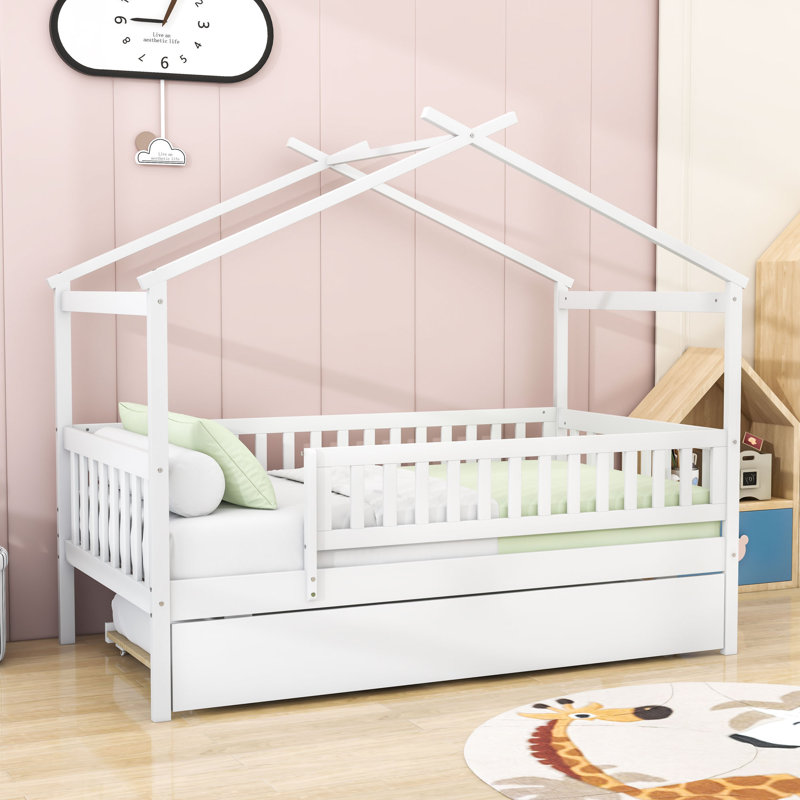 Lit simple en bois avec lit gigogne simple et garde-corps, Blanc