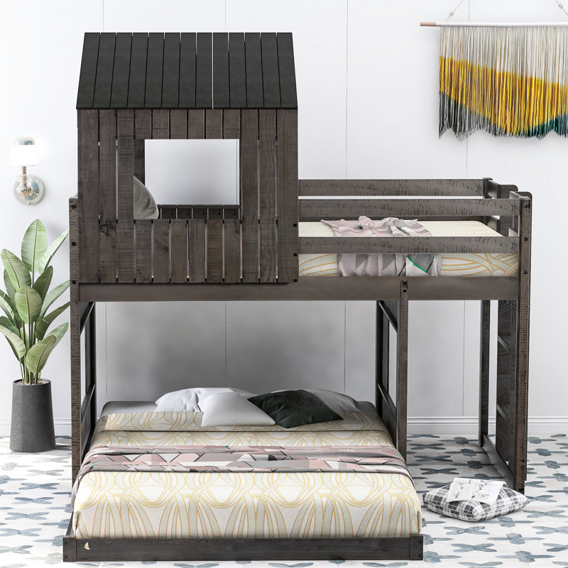 Lit superposé gris antique avec maisonnette et lit simple au-dessus de pleine grandeur, construction en bois massif pour garde-corps en bois, loft, pin