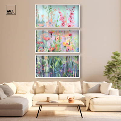 Symphonie d'été I - Ira Comleva Thornbury, reproduction en trois parties sous verre par Art Remedy, cadre blanc, 44 x 22 pouces