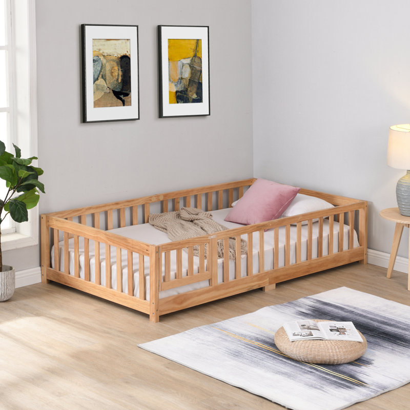 Floor Bed With Door,Solid Wood Platform Bed Frame With Fence,Suitable For Children,Pine Wood, Natural, Full