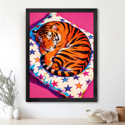 Tigre endormi noir encadré noir sur fond étoilé, impressions sur toile de style tendance Pop Art
