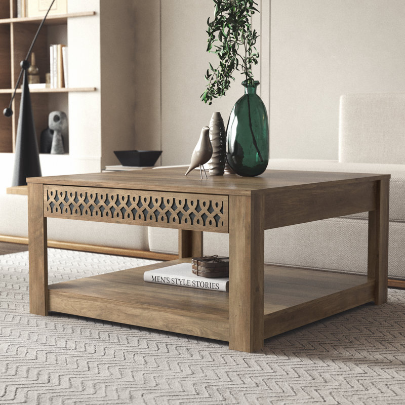 Brandarius 31.5" Rustic Cutout Drawer Square Coffee Table with Storage, Knotty Oak