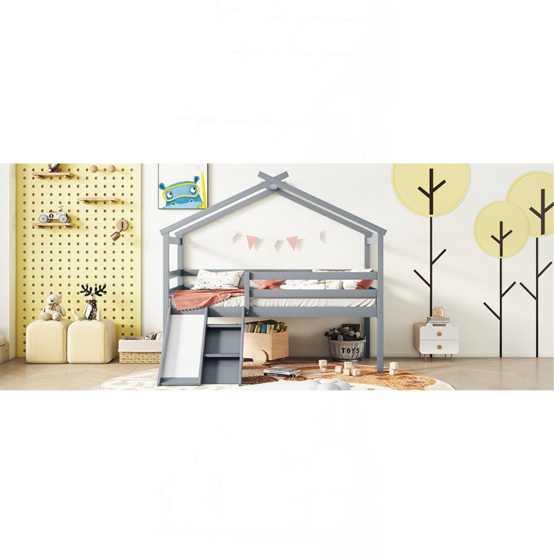 Twin Low Loft House Bed With Slide,  Ladder, Safety Guardrails, House Roof Frame,Grey