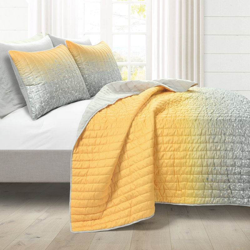 Ensemble de courtepointe en microfibre, Courtepointe pour grand lit + 2 taies décoratives, Jaune / gris
