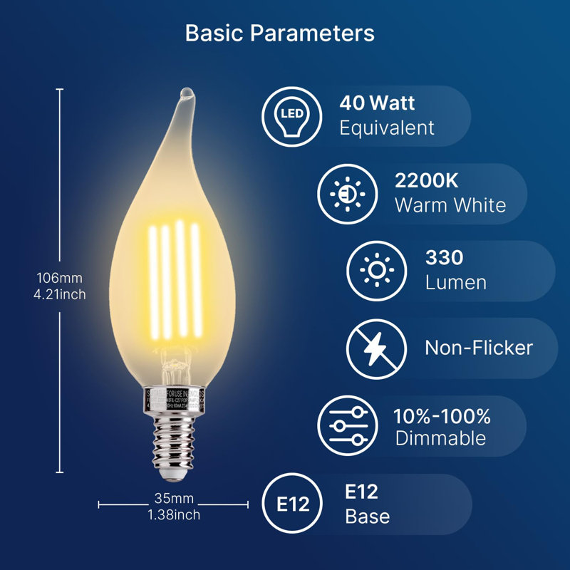 Lustre CA11E12 ampoules DEL équivalentes à 40 W à intensité variable, candélabres à DEL, 2200K 330LM