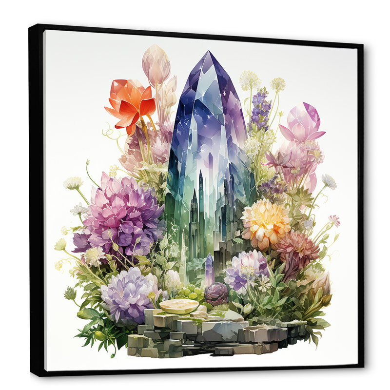«Blue Spiritual Stone Blooms» - art mural pierre spirituelle, Cadre flottant noir, 36" H x 36" W