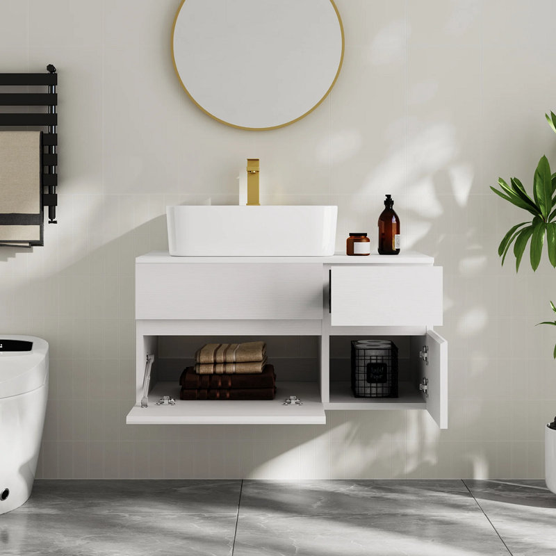 Yovani 31.5 White Wall-mounted Floating Bathroom Vanity with Faux Marble Top Ceramic Vessel Sink, White