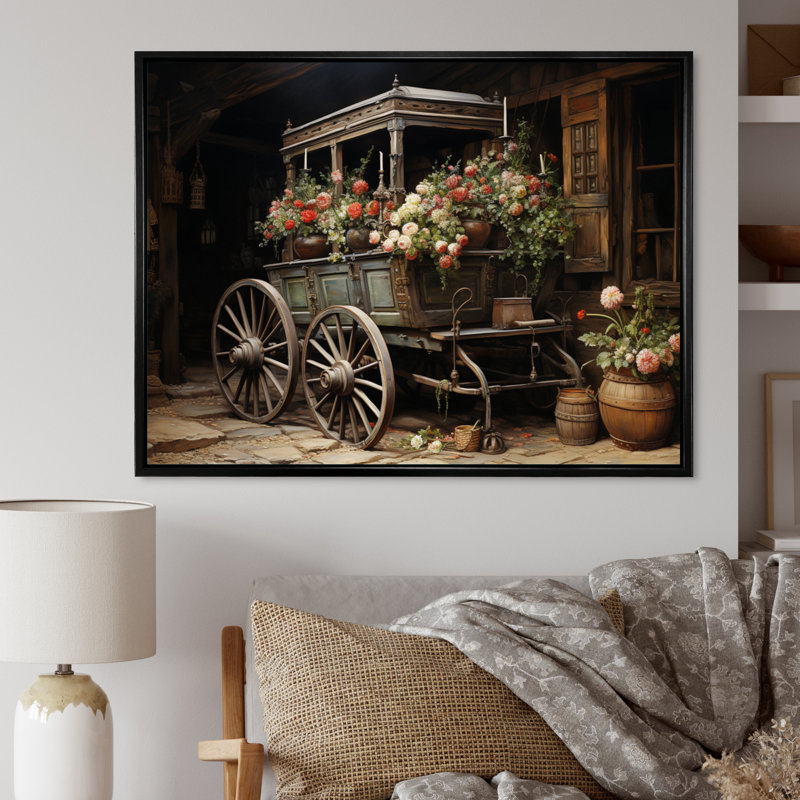Vieille charrette grise II sur toile, H 12 po x l 20 po x P 1 po, Cadre flottant noir