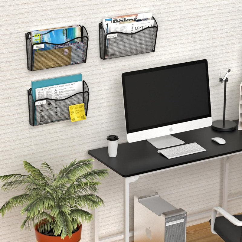 Organisateur de dossiers mural en maille 6 poches, porte-revues noir avec fentes pour étiquettes