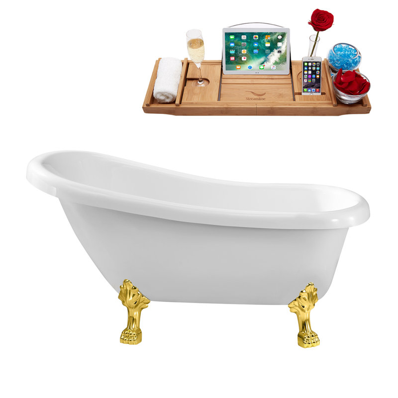 61" Streamline Clawfoot Soaking Acrylic Bathtub With Drain, Clawfeet, and Bamboo Tray, Glossy White, Polished Gold
