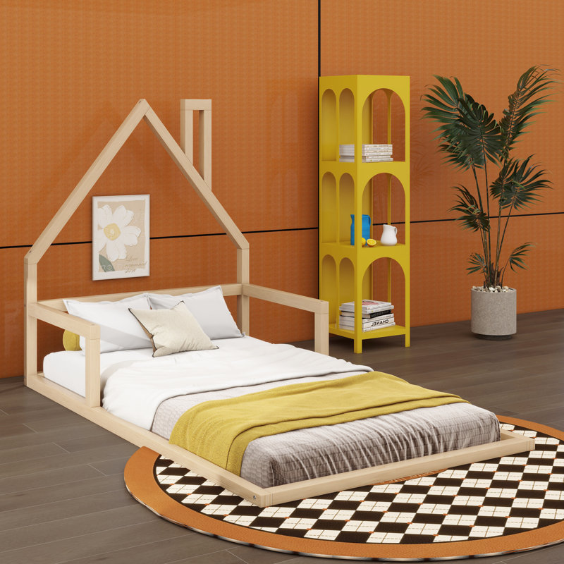 Lit en bois, cadre de lit avec tête de lit en forme de maison, Twin, Natural