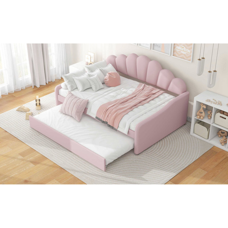 Daybed With Pink Upholstered Back And Multi-functional Trundle - Fashionable Strong Exquisite