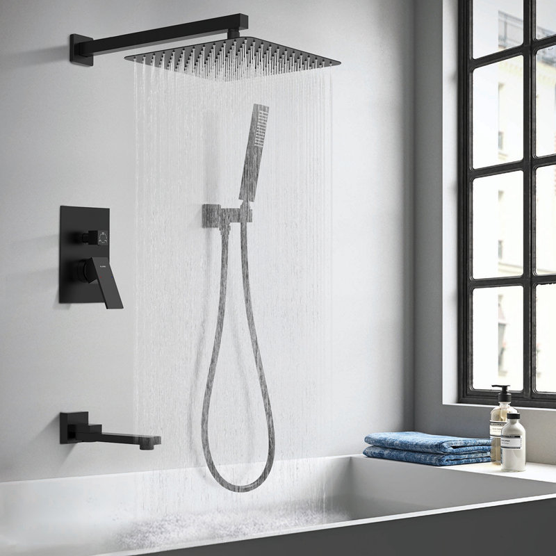 Male NPT Shower System, 12 Inch Shower Fixtures Rain Shower Head With Handheld Shower Spray, Wall Mount Shower Faucet Set For Bathroom(Pressure Balance Shower Trim Valve Kit Included)