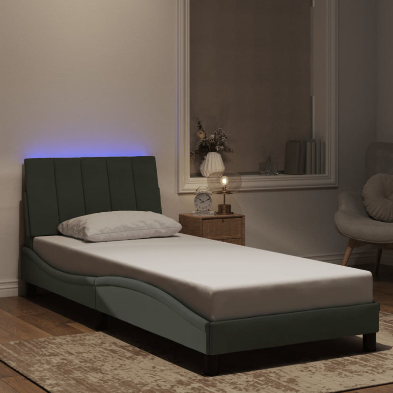 Bed Frame with LED without Mattress Hanko Light Grey 90x200 cm Velvet, Light Gray, Twin