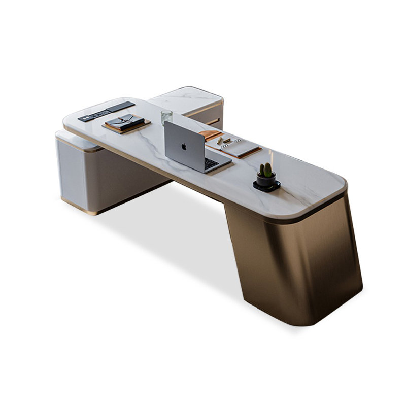 Bureau en L massif et bois manufacturé en L avec 2 tiroirs, H 29,53 po x l 94,49 po x P 31,5 po, Doré
