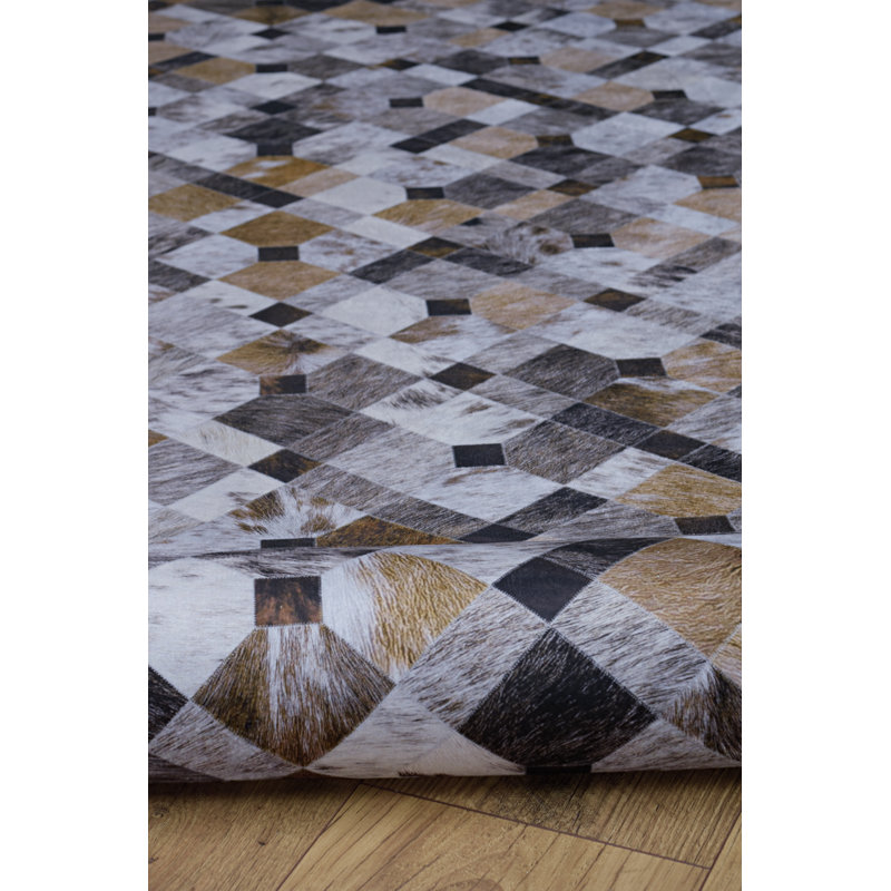 Jahmaal Patchwork Faux Cowhide Brown Printed Area Rug, Rectangle 3' x 5'