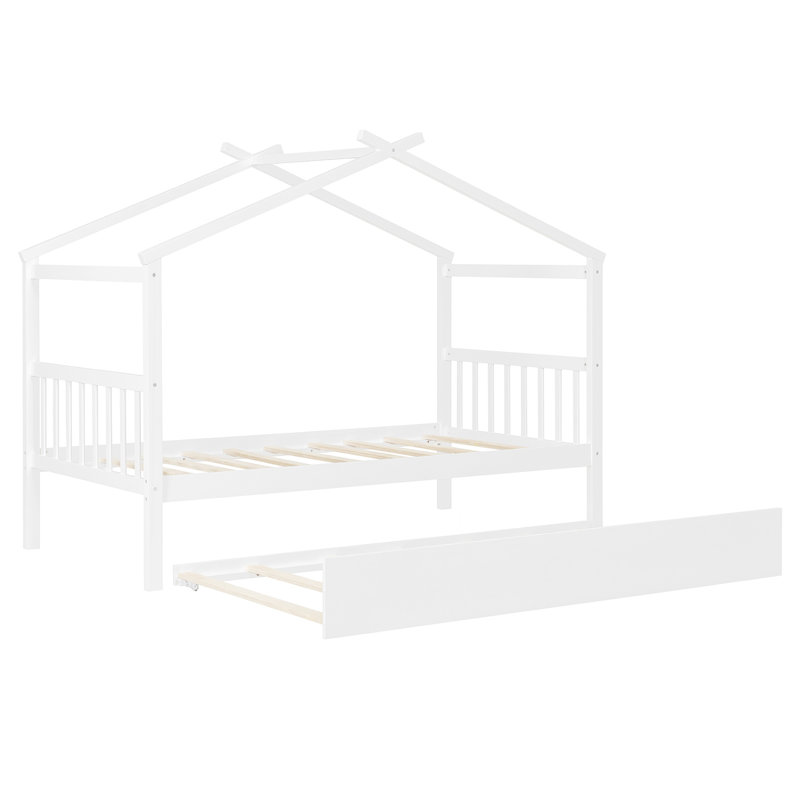 Lit simple en bois avec lit gigogne simple, blanc, Blanc