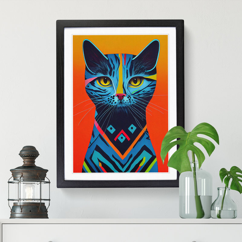Colourful Abstract Cat Vol.5 - Single Picture Frame Print, Black Framed, 64cm H x 46cm W