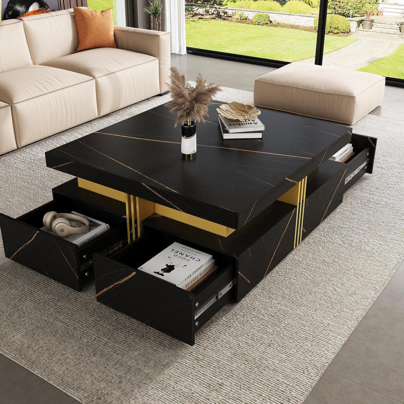 Table basse moderne carrée avec rangement à 4 tiroirs, Black/White