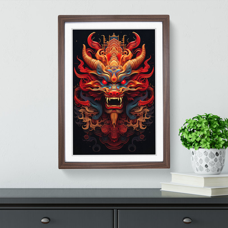 Chinese Dragon Geometric No.3 - Single Picture Frame Print on Wood, 34cm H x 25cm W x 2cm D, Walnut