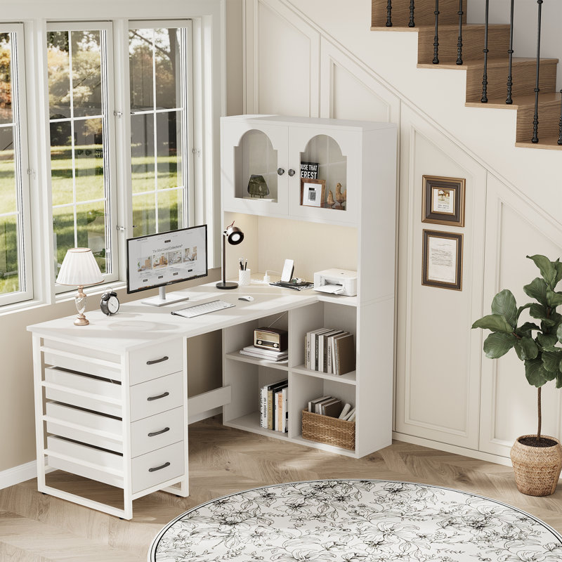 L-Shaped Computer Desk with Built-In Electrical Outlet, White/White