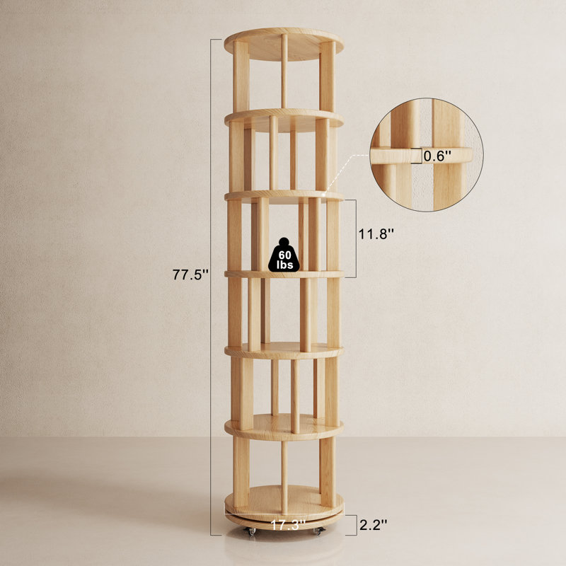 360° Rotating Solid Wood Bookshelf, Equipped with Brake Wheels, Allowing for Flexible Adjustment, Tan