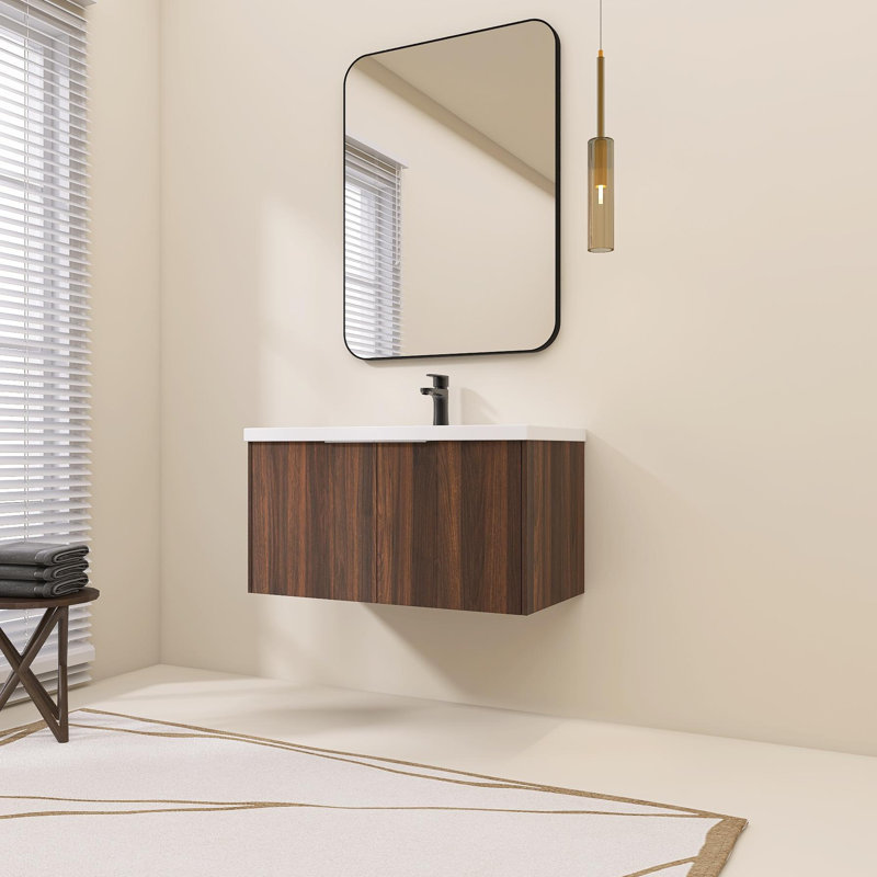 Meuble-lavabo mural simple 36 po avec lavabo en résine et 2 portes d'armoire à fermeture en douceur, Noyer