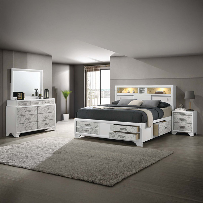 Ensemble de chambre à coucher, Lit, table de chevet, commode, miroir de commode, Double