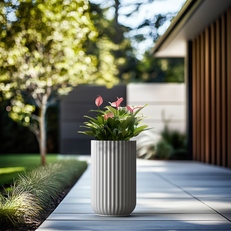 (Pot intérieur amélioré) Pot à fleurs rond en béton avec trous de drainage, H 21 po x l 14 po x P 14 po, Blanc éclatant