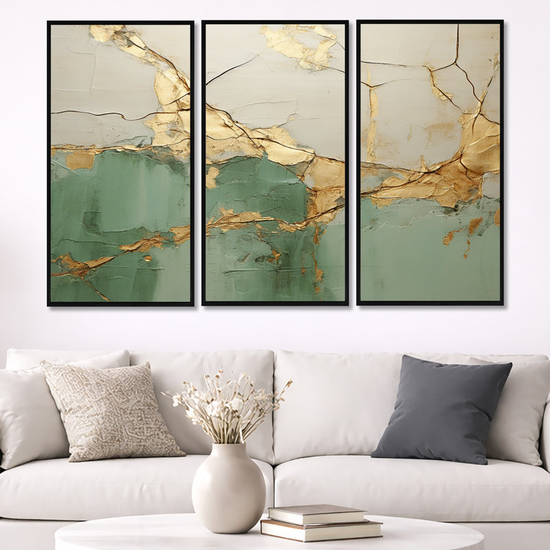 «Green Gold Minimalisme Poteries», ensemble d'art sur toile à spirales abstraites, H 40 po x l 60 po, Cadre flottant noir