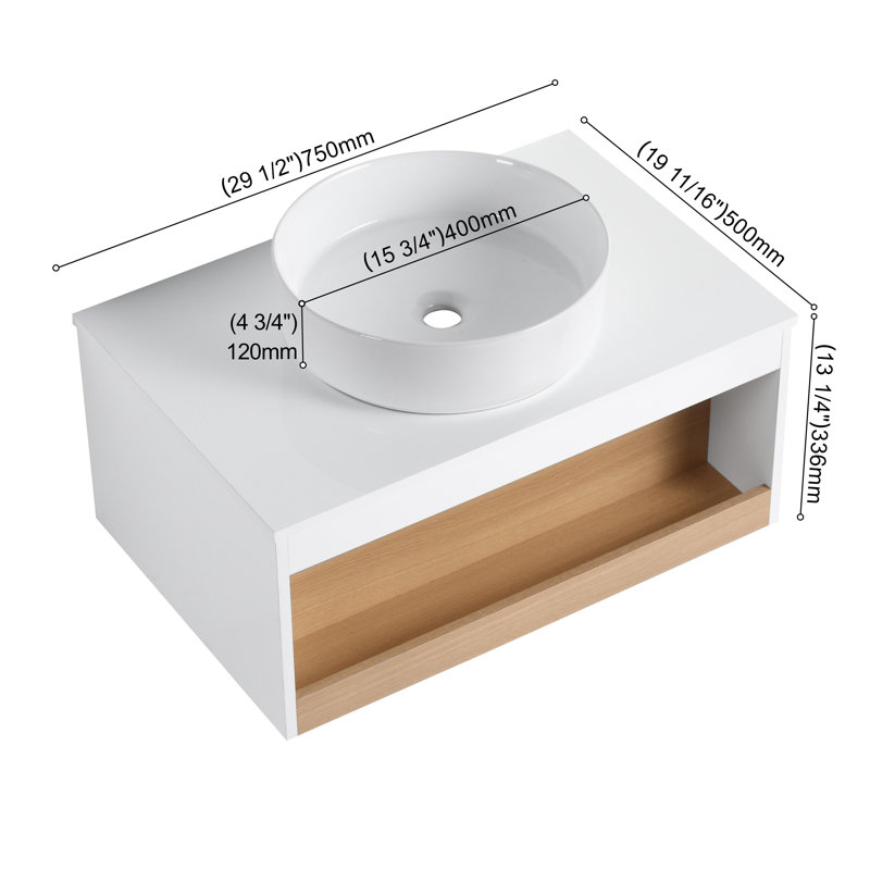 Meuble-lavabo flottant avec lavabo vasque rond blanc et tablette ouverte, 30"
