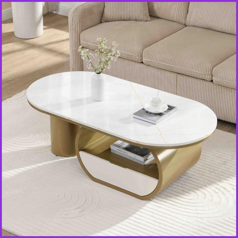 Table basse moderne ovale avec pieds en métal doré pour le salon, le rangement peu encombrant Assemblage facile, Doré