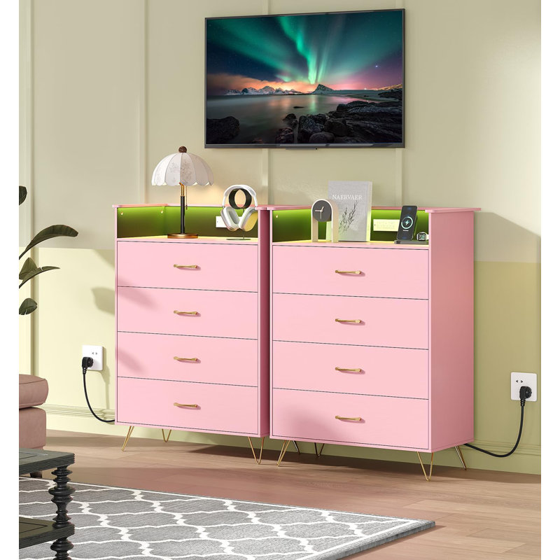 Commode 4 tiroirs avec lumières RVB et station de charge, commode à DEL contrôlée pour l'application pour la chambre à coucher