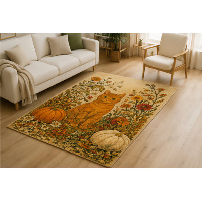 "Ultra Thin" 5' x 7' Pumpkin Garden Cat Area Rug for Living Room, Soft Low Pile Indoor Rug with Non-Slip Silicone Backing, Autumn Decorative Carpet for Bedroom, Playroom, Kids & Pets, Cream Orange