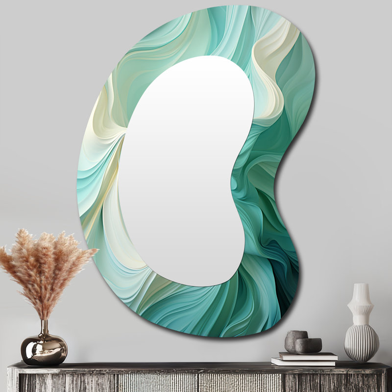 Ericah Gree and white Sway wave Serenity II - Geometric Asymmetrical Mirror, Green Irregular Shape Decorative Wall Mirror, Printed Metal Art