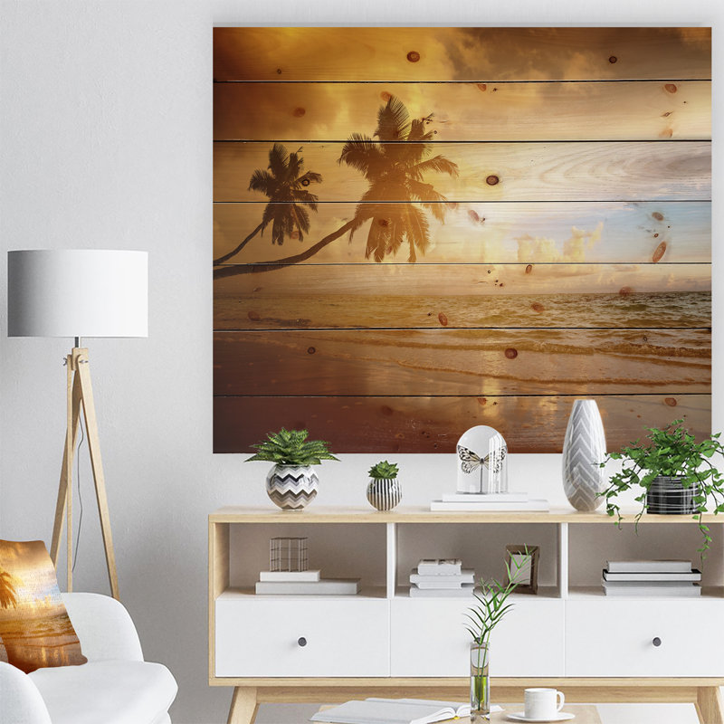 «Beautiful Palms at the Caribbean Beach» - reproduction, H 30 po x l 40 po x p 1 po, Bois