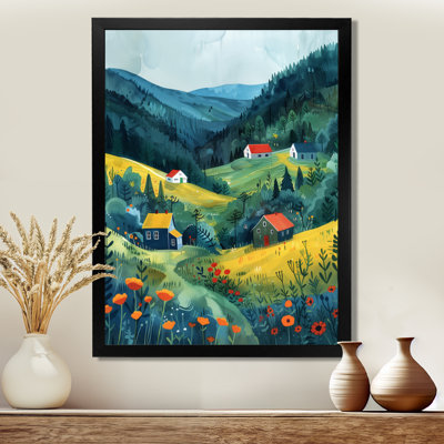 Orange, vert, paysage de montagne, art mural
