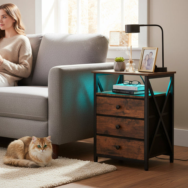Metal Bedside Table, Rustic Brown