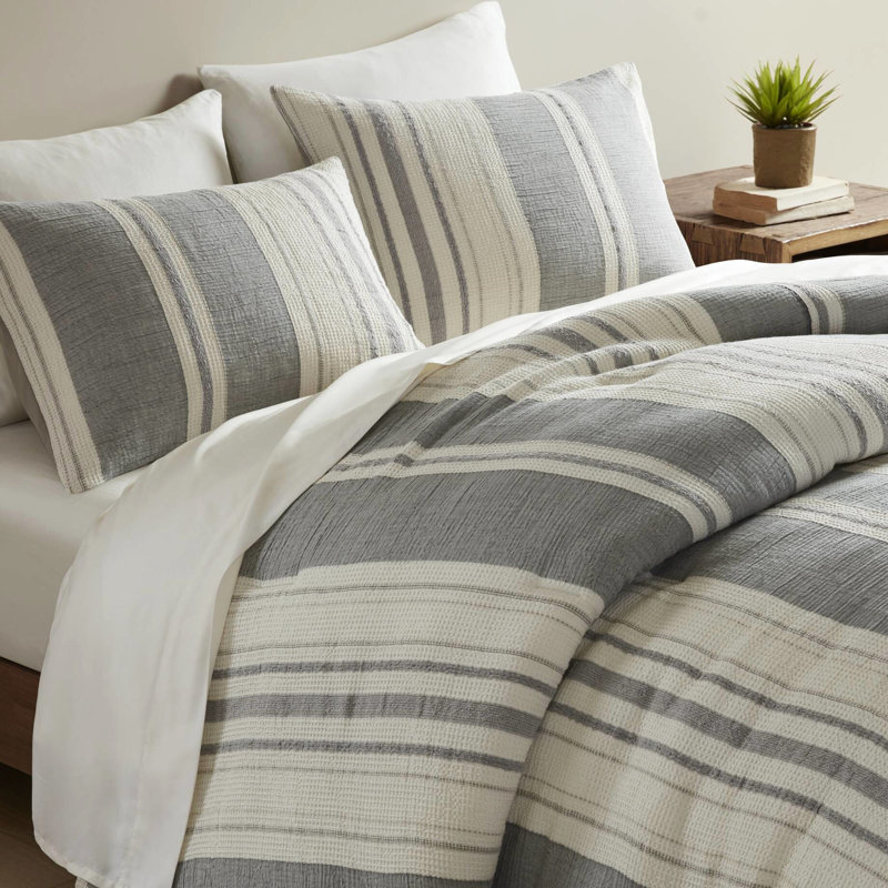 Très grand / très grand édredon 3 pièces - Style décontracté, mélange de gaufres et de gaze, sommeil confortable et respirant 3 pièces pour lits à rayures esthétiques, 100% coton, confort toutes saisons