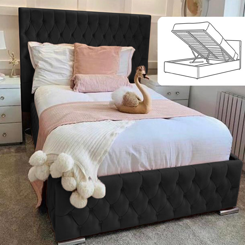 Delafuente Chesterfield Wingback Ottoman Storage Bed - Curved Velvet Upholstered Bed Frame, Small Double (4'), Black