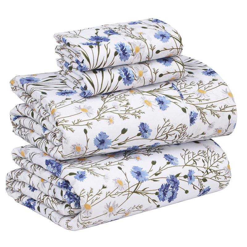 Sweet Pea Blue Floral Cotton Percale Queen Sheet Set