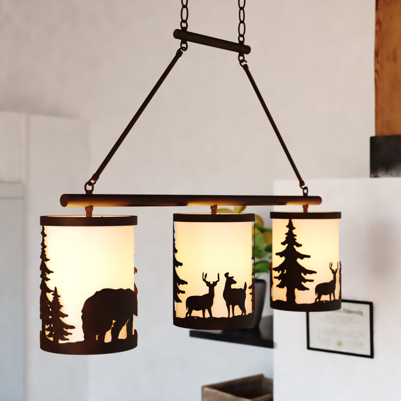 Jorene 3L Bronze Rustic Linear Chandelier Island Pendant Light Fixture Bear And Tree