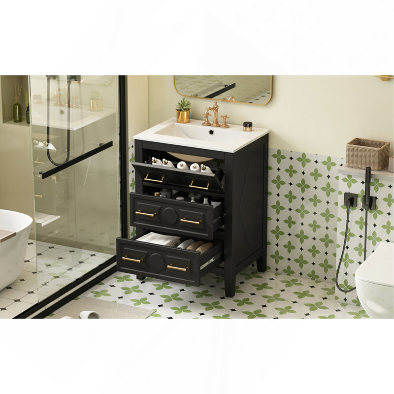 Ensemble de meuble-lavabo sur pied 24 po avec lavabo en céramique, ensemble de meuble-lavabo simple autoportant avec 3 tiroirs et cadre en bois massif