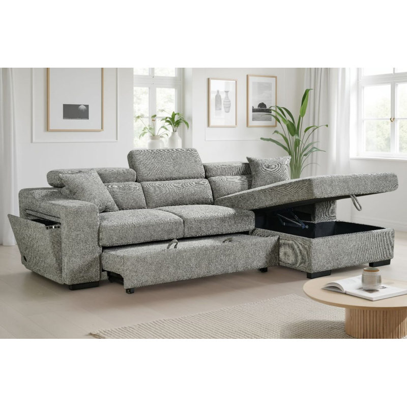 4 Seater Sofa Bed, Right Hand Facing, Gray Polyester
