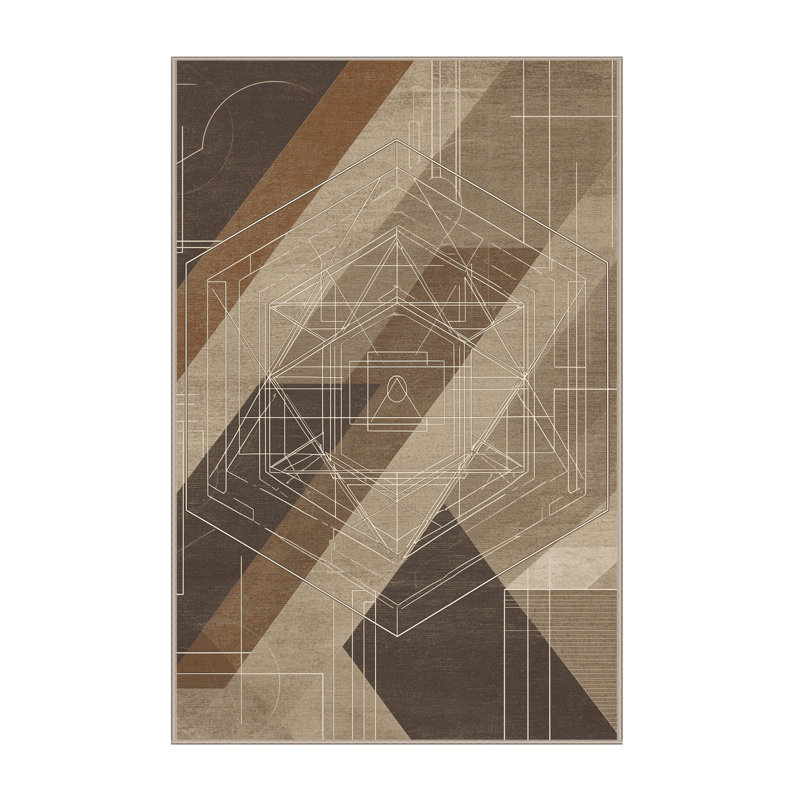 Machine Washable Bemott Global Inspired Geometric Shapes Rug in Gray – Beige Binding, 5x8