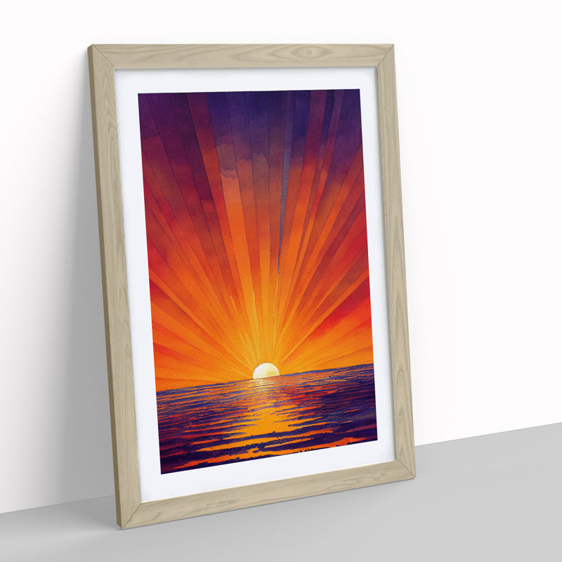 Pretty Ocean Sunset - Single Picture Frame Print, 64cm H x 46cm W x 2cm D, Oak Framed