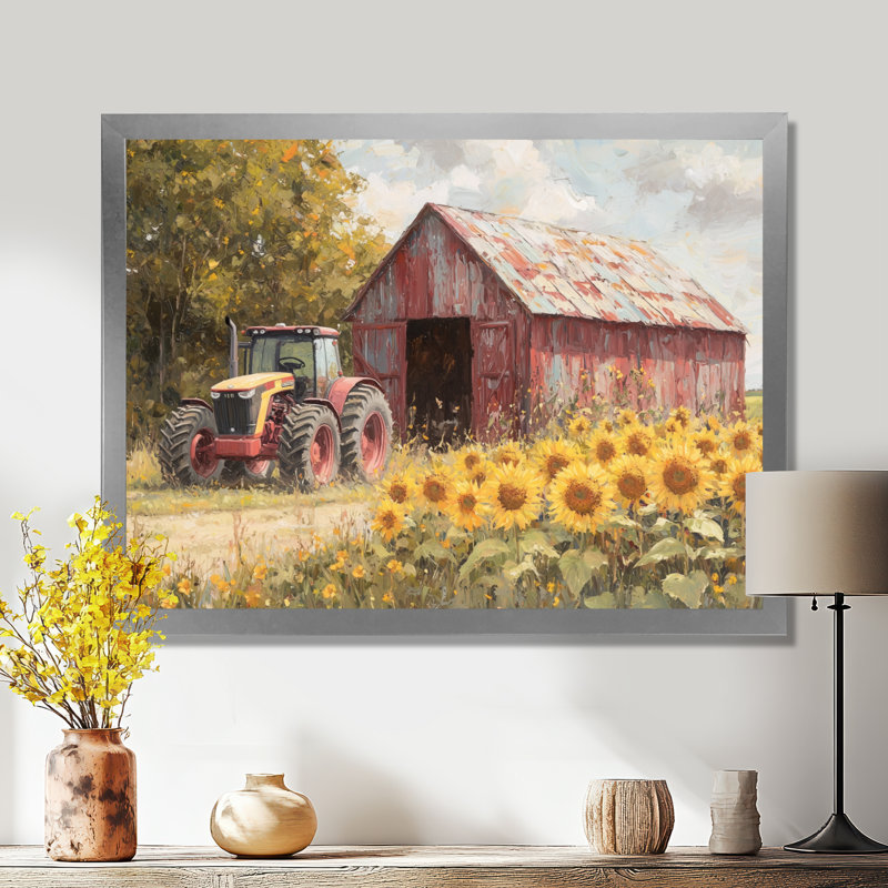 Dobrinka Sunflowers and The Tractor Shed IV - Sunflowers, art mural, Argent argent, H 30 po x l 40 po, Floater Framed