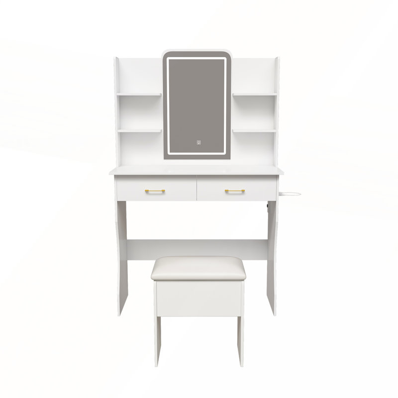 Commode de coiffeuse de luxe à finition noire avec miroir à DEL et tabouret rembourré, tiroirs de rangement spacieux pour les chambres modernes