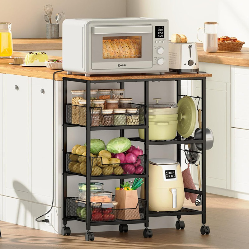 Rolling Kitchen Storage Microwave Cart With Adjustable Shelf On Lockable Wheels, Kitchen Island Cart With Countertop Baker’S Rack With Tilt-Out Baskets For Kitchen, Coffee Bar, Or Living Room