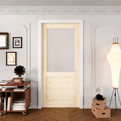 Interior Frosted Half Glass Pantry Door Slab Solid Manufactured Wood Primed Pine Standard Door Without Hardware